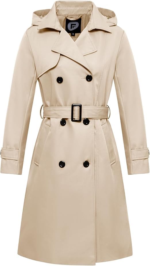 FARVALUE Women's Waterproof Trench Coat Long Double Breasted Windbreaker Classic Belted Lapel Overcoat with Removable Hood - Image 4