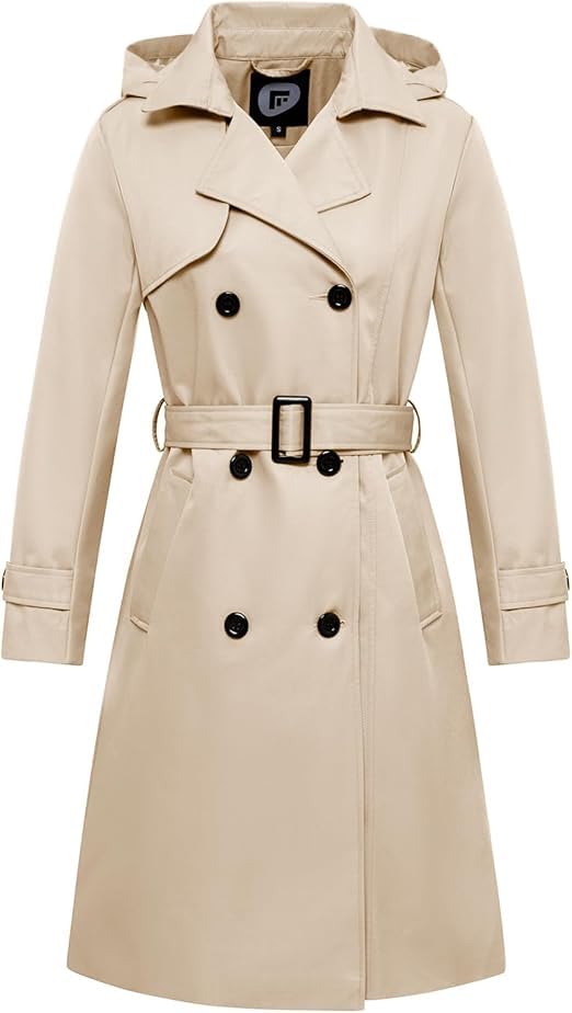 FARVALUE Women's Waterproof Trench Coat Long Double Breasted Windbreaker Classic Belted Lapel Overcoat with Removable Hood4