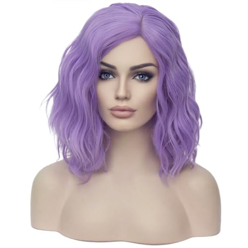 Image of BERON Purple Short Wig for Women Girls Curly Bob Wavy Hair Wig Colored Body Heat Resistant Synthetic Cosplay Party Daily Wigs