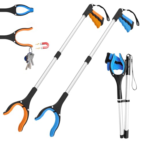 Grabber Tool 2-Pack, 32" Foldable Pickup Bar, Trash Picker with 360° Rotating Jaws and Magnet, Lightweight Grabber Tool (Blue,Orange)