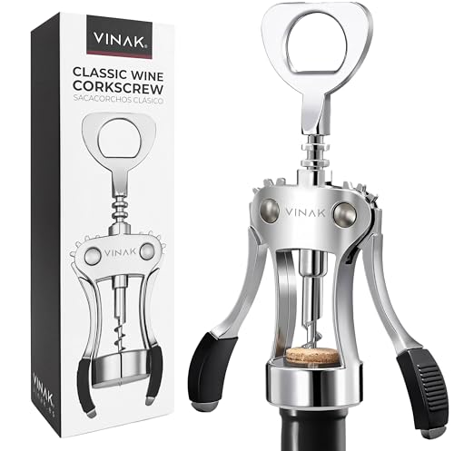 VINAK - Cavatappi Professionale con Ali - Apribottiglie Manuale 2 in 1 per Vino e Birra - Apribottiglie in Acciaio Cromato con Manico Antiscivolo e Spirale Rinforzata - Per Casa, Bar e Regalo