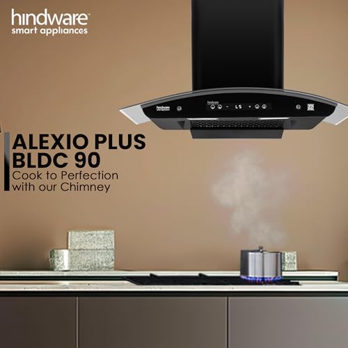 Hindware Smart Appliances | Alexio Plus BLDC 90 cm Chimney | 1450 CMH | Curved Glass | Filterless | Auto Clean | Touch Control, Motion Sensor | 12 Yrs Warranty on Motor & 3 Yrs on Product (Black) view 2