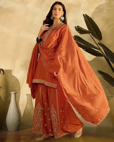 Image of SheWill Poly Chinon Zari Sequence Cording Embroide Kurta with Palazzo and Dupatta - Vibrant Set with Exquisite Detailing and Graceful Drape