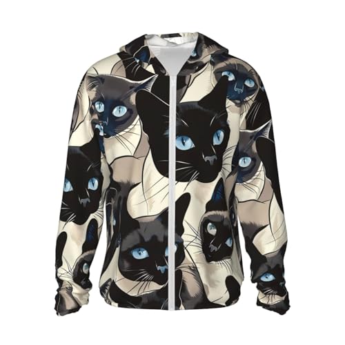 Tessuto di alta qualità: realizzato in 100% poliestere, questa felpa con cappuccio per protezione solare con motivo gatto siamese dagli occhi blu presenta una fitta trama jacquard che è leggera, traspirante e morbida al tatto. Le sue proprietà impermeabili e ad asciugatura rapida lo rendono un'ottima scelta per indumenti protettivi solari da donna e camicie per protezione solare da uomo