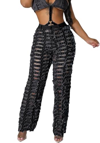 Tbahhir Ripped Jeans for Women High Waisted Distressed Cut Out Baggy Wide Leg Boyfriend Streetwear Denim Pants Trendy