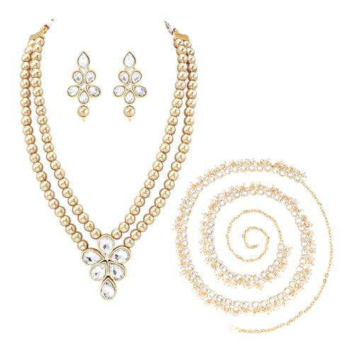 Image of Peora Crystal Faux Pearl Kundan Necklace & Jewellery Set Gift for Women