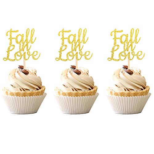 24 Pcs Fall In Love Cupcake Toppers Glitter Bridal Shower Cupcake Picks Wedding Engagement Anniversary Birthday Party Cake Decorations Supplies #TOP22