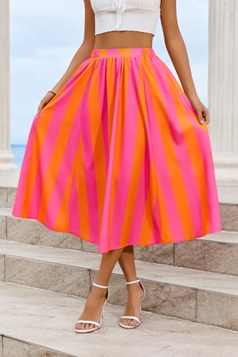 Image of Cicy Bell Womens Summer Striped Maxi Skirts A-Line Beach Vacation Outfits | Elastic Waist, Side Pockets, Flowy, Midi Length, Color Contrast, Trendy Casual