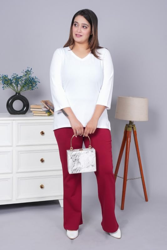 Image of Mlada V-Neck Cotton 3 /4th Sleeves Tshirt for Women | Stretchable Regualr Fit Solid Cotton Tshirts | Casual 3 /4th Sleeves Tshirts for Women Office Wear | Solid Round Neck Tshirt