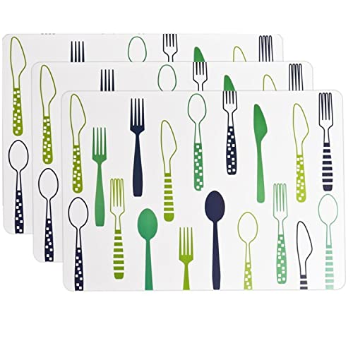 Image of Washable Table Place Mats Set of 6, Heat Insulation Non-Slip PVC Plastic Rectangular Placemats for Kitchen, Restaurants Dinning Room, 40 x 28.1 cm (Set of 4, Green - Fork & Knife)