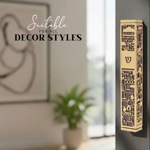 Image of SURI Mezuzah for Door with Scroll, 7 Inch Gold and Gray Mezuzah Case with Non Kosher Scroll Inside, Fits a up to 6 Inch Scroll, Includes Adhesive and Gift Box