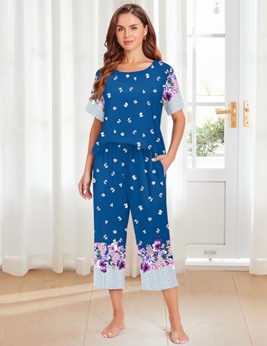 Image of Ekouaer Women's Two Piece Lounge Set Short Sleeve Shirt and Capri Pants Mumu Pajama with Pockets Loungewear Pjs Sets