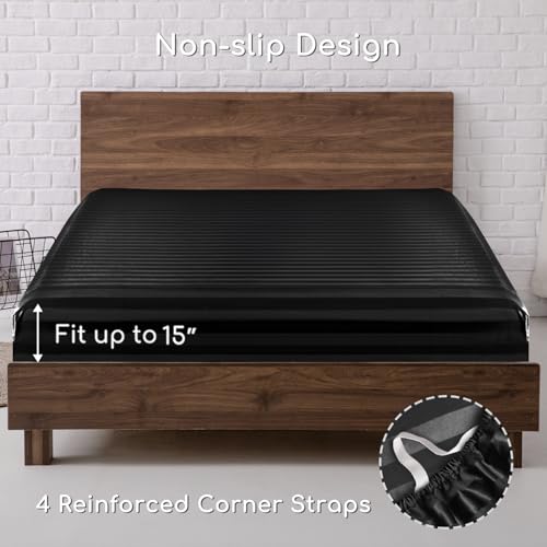 Image of MR&HM Satin Bed Sheets, Queen Size Sheets Set, 4 Pcs Silky Bedding Set with 15 Inches Deep Pocket for Mattress (Queen, Black Striped)