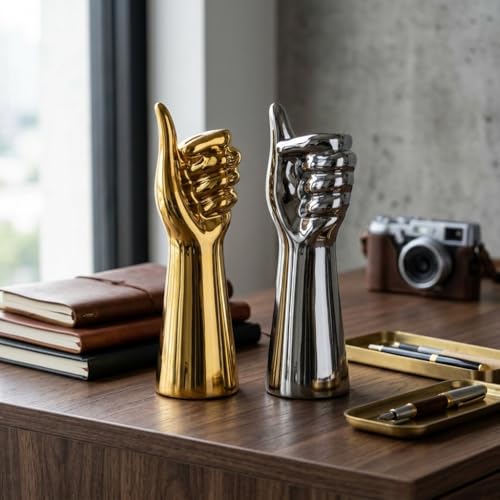Image of Xtore Striking Contemporary Hand Gesture Sculpture for Home & Office Decor | Glossy Metallic Thumbs-Up Showpiece for Living Room, Desk, Shelf & Entryway Styling (Gold & Silver, 25.5 cm)