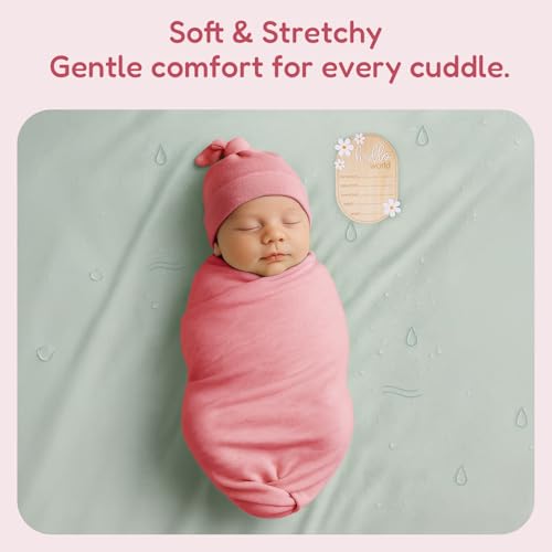 Image of Stretchy Swaddle Blanket for Newborns with Hat & Hello World Card-Soft Baby Swaddles 0-3 Months,47 inchx 47 inchSupersoft Swaddle Blanket,Receiving Blanket for Boys & Girls (Apple Blossom)