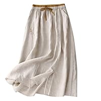 duxyoz Linen Skirts for Women UK Summer Elastic High Waist Loose A Lined Midi Skirt Cotton Linen Embroidery Elegant Casual Office Work Basic Party Dresses for Holiday Going Out Beige XXL