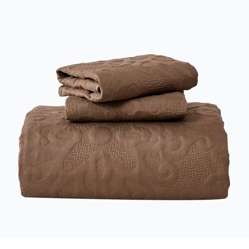 Image of Oversized California King Bedspreads 120x120 for Extra Tall Split Cal King Bed Lightweight Quilted Coverlet Set 3 Pieces 1 Quilt 2 Pillow Shams Coffee