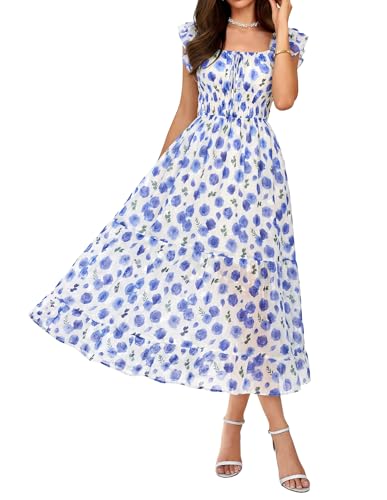 GRACE KARIN Women's Floral Summer Dress, Elegant Ruffle Sleeves Wedding Guest Dress, Elastic Waist A Line Midi Dresses M Blue Roses