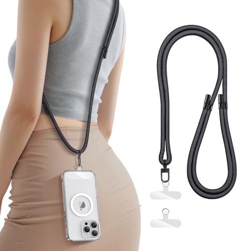 SSLOTSCASE for Phone Lanyard Crossbody with 2X TPU Clear Tabs, Adjustable Anti Theft Strap, Premium Metal Buckles, Comfortable Universal Neck Wrist Lanyard for Travel Outdoor, Black