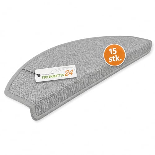 Kettelservice-Metzker Stufenmatten Treppe Rambo, 15er Set, halbrund, Hellgrau, ca. 65 x 24 x 4 cm, Flor 6 mm, Trittschall ~20 dB, Polypropylen, PVC-Winkel, gekettelte Kanten