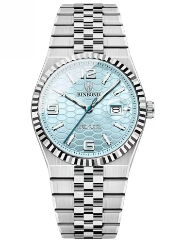 Luxury Watch with Stainless Steel Band, Silver Case, Light Blue Honeycomb Dial
