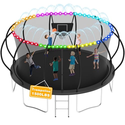 Elitezip 1400LBS Tranpoline Outdoor 14FT Tranpoline for Kids and Adults,【Easy to Install & Built to Last】 Recreational Tranpolines with Net, Light+Sprinkler, Basketball Hoop, ASTM Approved