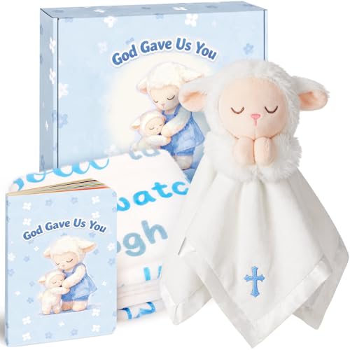 Baptism Gifts for Boy, Christening Gifts for Boys, Dedication Gift, Includes Bunny Stuffed Animal, First Rosary Beads, Prayer Book, Keepsake Blanket, Catholic Baptism Gift Basket