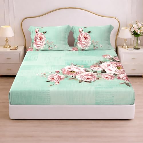 Image of Cloth Fusion Glace Cotton Elastic Fitted Bedsheet Queen Size for Double Bed with 2 Pillow Covers (78X60 inches, Rose Lagoon