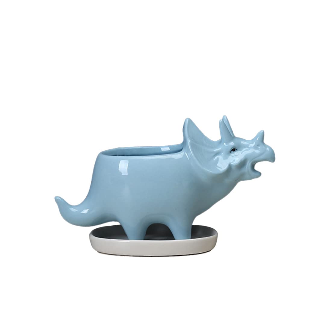 Style3 Pots For Plants, Succulent Plant Pots Dinosaur Planter Holder With Tray Cute Ceramic Triceratops Animal Blue Flower Cactus
