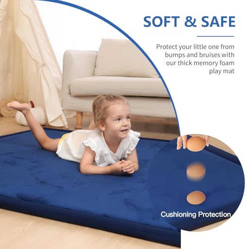 Image of Baby Play Mat for Floor,1.3 inch Thick Elasti-Foam 74x50 Playpen Mat for Toddlers Infant kids,Water-Repellent Soft Coral Velvet for Tummy Time, Non-Slip Backing for Crawling,Tatami Style(Dark Blue)