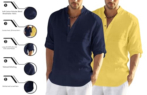 Image of Zombom Men's Combo Cotton Polyester Blend Solid Full Sleeve Straight Regular Fit Mandarin /Chinese Collor Kurta (Pack of 2)