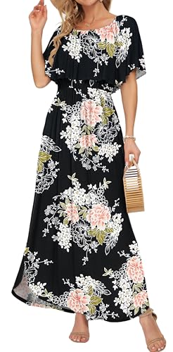 Image of AUSELILY Womens Off Shoulder Ruffle Split Summer Maxi Dresses with Pockets | Off-shoulder Ruffle dress with empire waist & side split for summer beach and casual parties