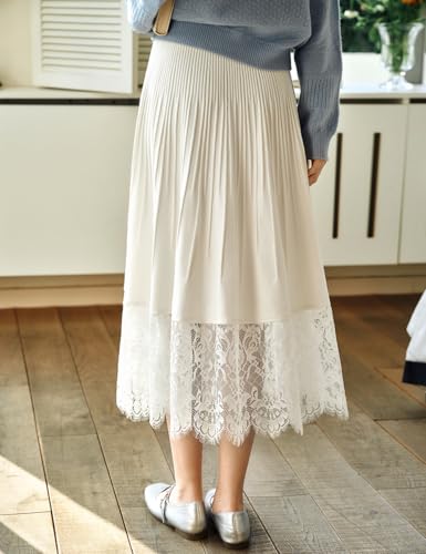 Women's White Elastic High Waist Knitted Lace Stitching Midi Skirt2