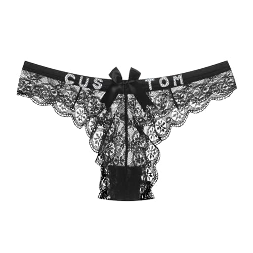 Gorgieousy NOUVEAU String personnalisé avec nom strass lettres dorées, culotte sexy en dentelle personnalisée pour femme, lingerie Hotwife Personnalité, noir, taille unique