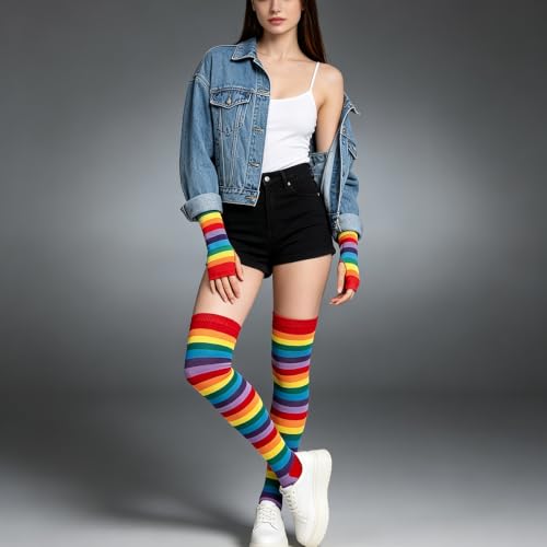 Image of YELAIVP Over Knee Rainbow Thigh High Socks Gloves Set Cosplay Accessories Arm Leg Warmers for Girls