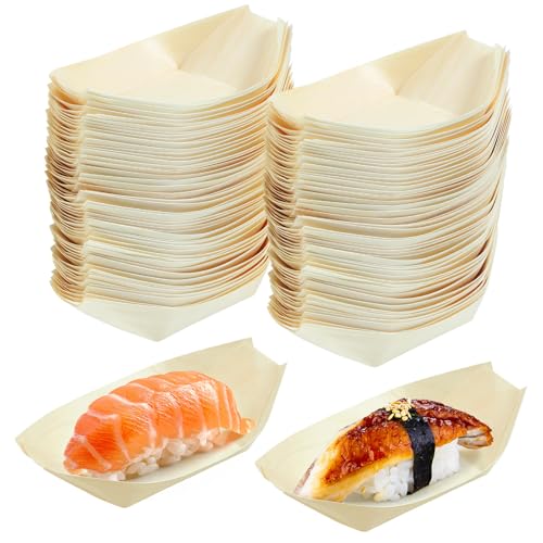 100 platos desechables de madera para sushi 14cm x 8cm miniatura 1