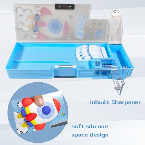 Image of ZAFCO Plastic Astronaut Magnetic Pencil Box for Kids | Large Capacity Space Theme Compass for Boys for School | Stationaries Organizer Return Gift | Pack of 1, Blue