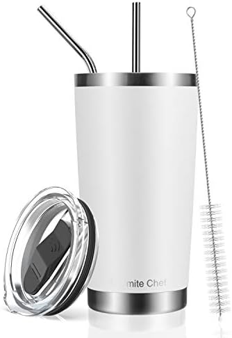Umite Chef 20oz Tumbler Double Wall Stainless Steel Vacuum Insulated Travel Mug with Lid, Insulated Coffee Cup, 2 Straws, for Home, Outdoor, Office, School, Ice Drink, Hot Beverage （20 oz, White）