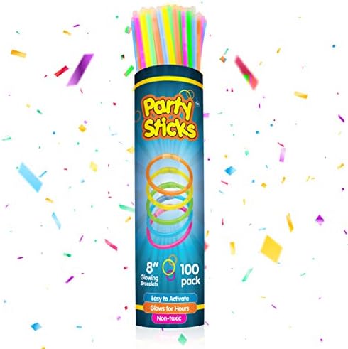 PartySticks Glow Sticks Party Supplies 100pk – 8 Inch Glow in the Dark Light Up Sticks Party Favors, Glow Party Decorations, Neon Party Glow Necklaces and Glow Bracelets with Connectors