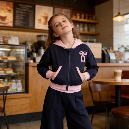 Image of Yoxindax Girls' 2-Piece Clothes Bow Print Zip-Up Hoodie Contrast-Color Wide-Leg Pants Winter 7-14Y Outfits Set