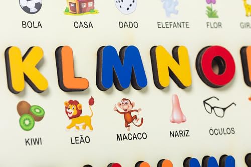 Alfabeto em Madeira Montessoriano Tabuleiro Educativo com Letras Figuras e Palavras