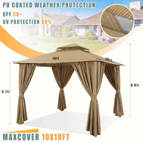 Image of COBIZI 10x10 FT Outdoor Gazebo, Soft Top Patio Gazebo with Ventilated Double-Tier Roof, Heavy-Duty Metal Frame Canopy with Removable Privacy Curtains for Backyard, Garden, Lawn, Khaki