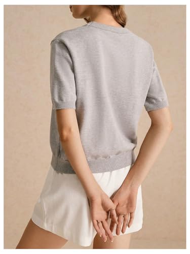 Image of BEAUDRM Women's Bow Short Sleeve Sweater Crewneck Knitted Pullover Cropped Tops Chunky Sweater Shirt Grey Small