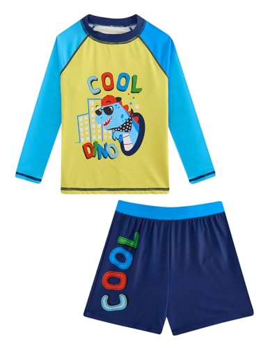 Boys Rash Guard Swimsuits 2 Piece Swim Set Long Sleeve Bathing Suit with Swim Trunks Dinosaur Dark Blue 5-6 Years