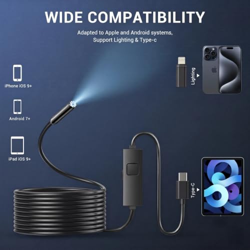 Image of Borescope Endoscope Camera with Light for iPhone: 1920P HD Inspection Camera with 8 Adjustable Led Lights, 16.4ft Semi-Rigid IP67 Waterproof Bore Scope Snake Cameras for Android