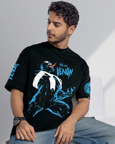 Image of Bewakoof X Marvel Venom Men's 100% Cotton Graphic Print Oversized Fit Half Sleeve Round Neck T-Shirt | Casual Wear | Street Wear | Oversized t Shirt for Men Cotton | Baggy