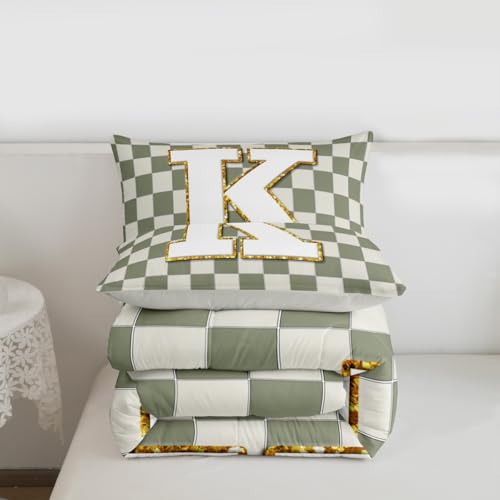 Image of Erosebridal Sage Green Checkered Comforter Set Full Plaid Initial K Bedding Set Personalized Monogram Comforter for Kids Adults,Fashion Grids Gingham Quilt Duvet