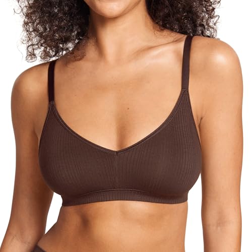 Image of Natrelax Modal Ribbed V Neck Bralette | Semi Sheer Fabric, Wireless Unlined, Double Layers, Adjustable Straps, No Underwire, Comfort Soft, Bras for Women