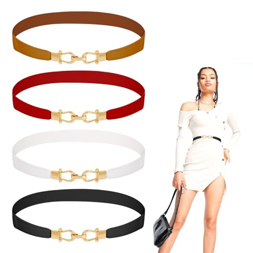 4 Pack Women's Skinny Elastic Belt Dress Belt Women Gold Buckle Stretchy Thin Belt Plus Size Belts for Women, Medium, Black