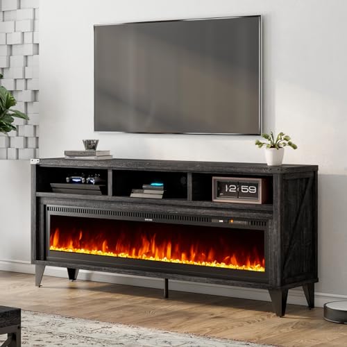 LUXOAK 65“ Fireplace TV Stand, Farmhouse Entertainment Center with 60' Tempered Glass Electric Fireplace, Industrial Media Console with Open Storage Space for TVs up to 75', Black